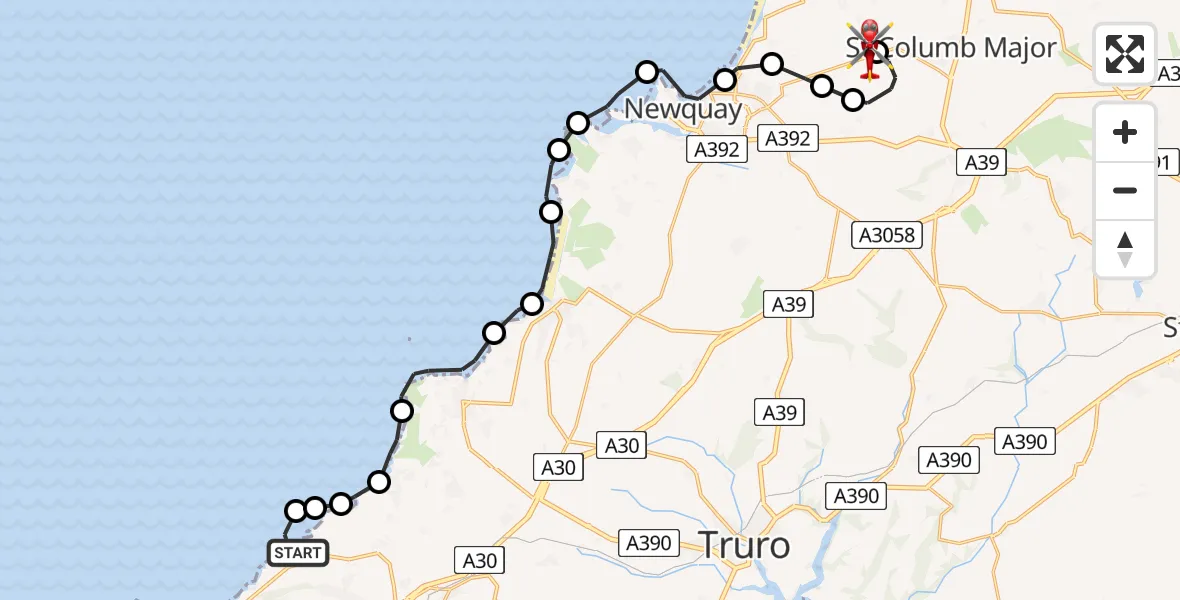 Routekaart van de vlucht: Air Ambulance Helicopter to Cornwall Airport Newquay, Cornwall Airport Newquay