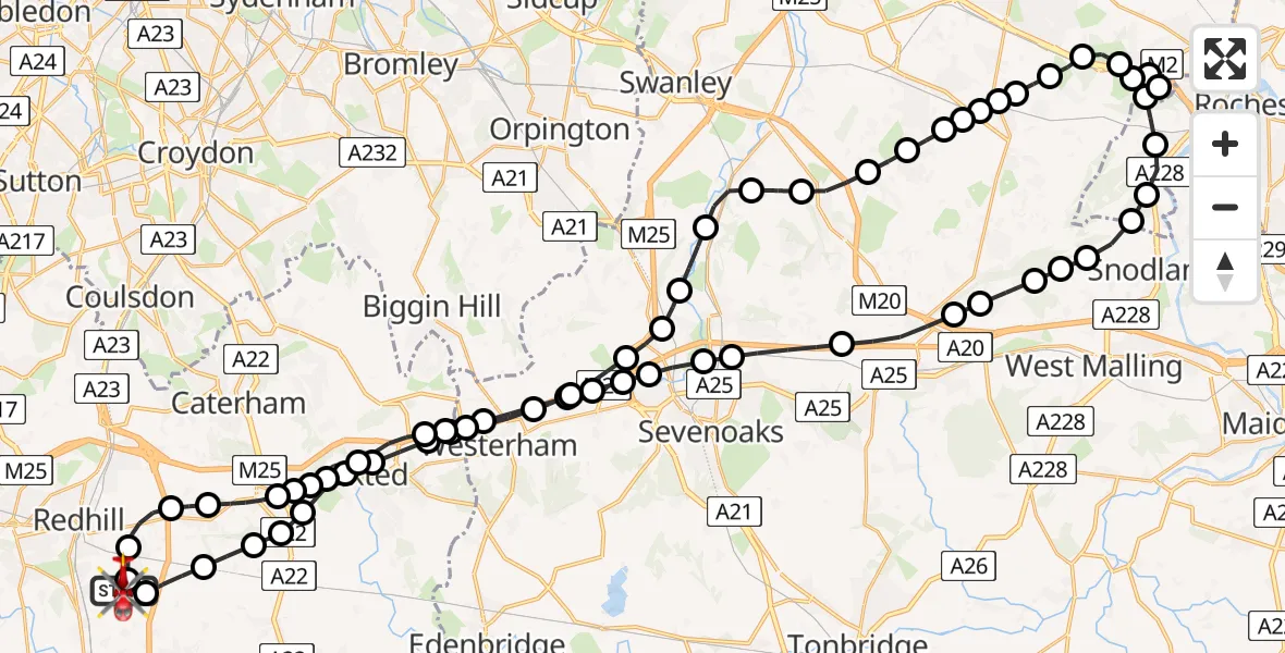 Flight path map showing Air Ambulance Helicopter route from Redhill Aerodrome to Redhill Aerodrome