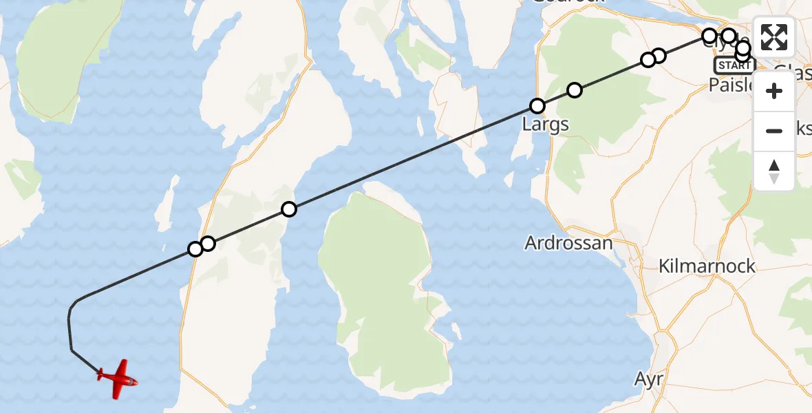 Flight path map showing Air Ambulance Aircraft route from Glasgow Airport to Inner Seas