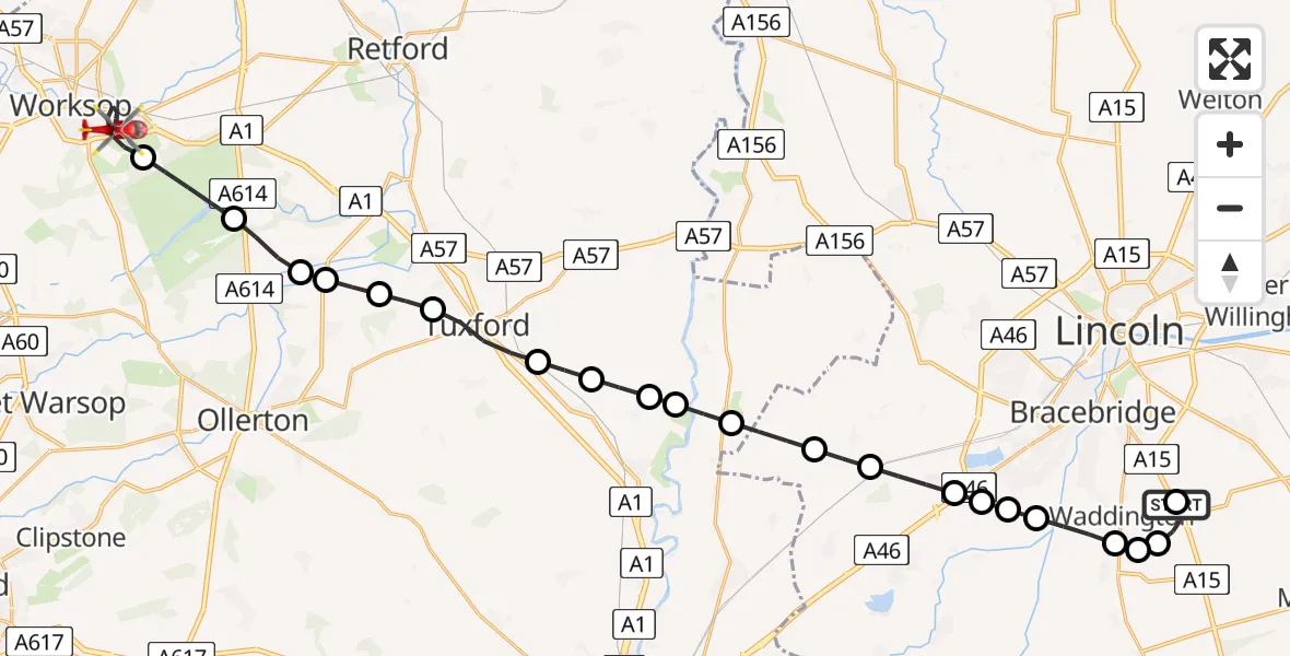 Flight route map: Air Ambulance Helicopter to Worksop, Kingston Road