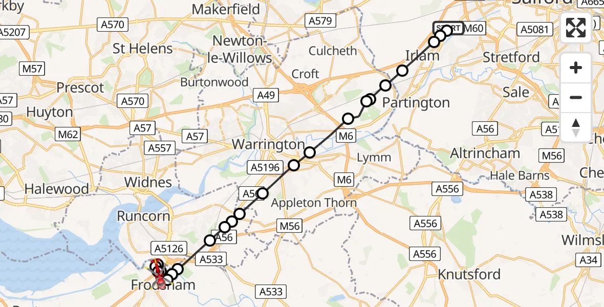 Flight route map: Air Ambulance Helicopter to Frodsham, M56