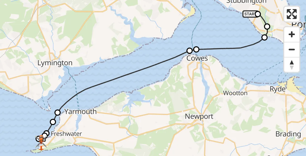 Flight route map: Coastguard Helicopter to Totland, Alum Bay New Road