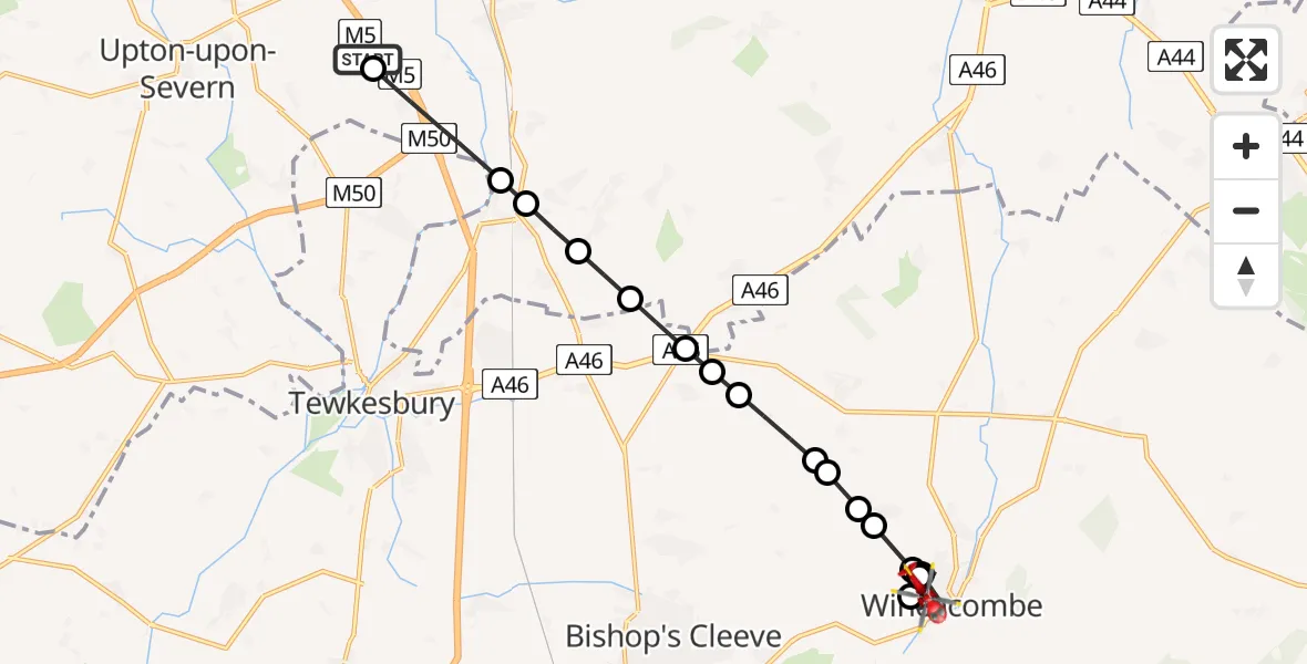 Flight route map: Air Ambulance Helicopter to Winchcombe, Delavale Road