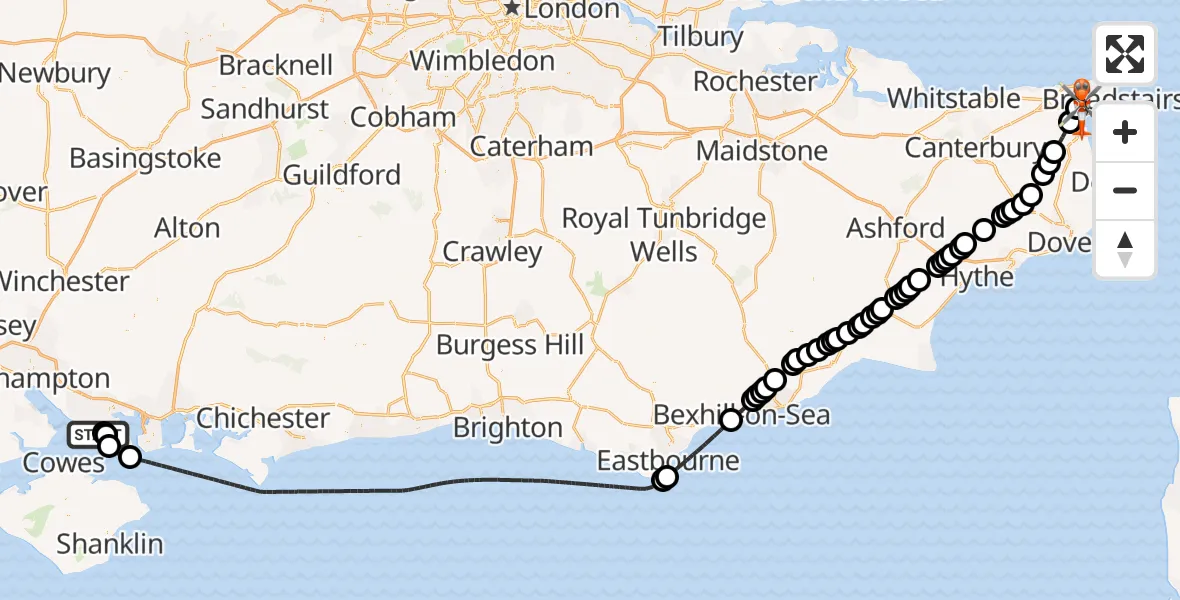 Flight route map: Coastguard Helicopter to Manston Airport, Manston Airport