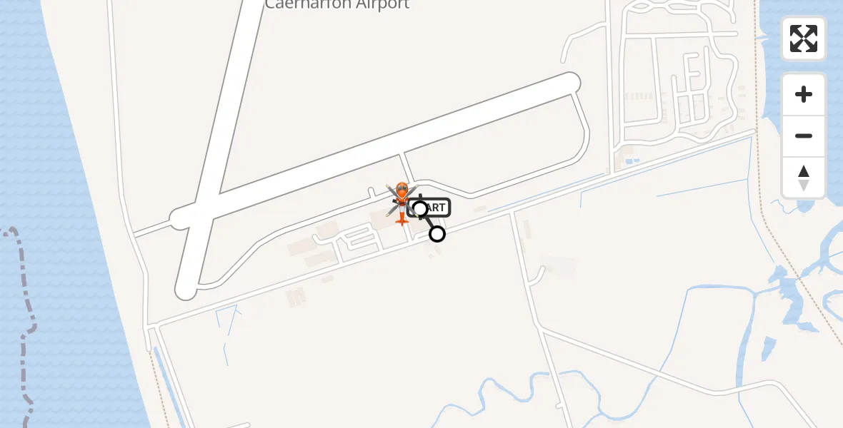 Flight path map showing Coastguard Helicopter route from Caernarfon Airport to Caernarfon Airport