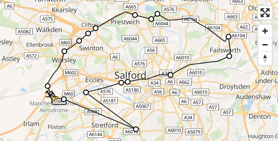 Flight path map showing Police Helicopter route from Manchester Barton Aerodrome to Manchester Barton Aerodrome