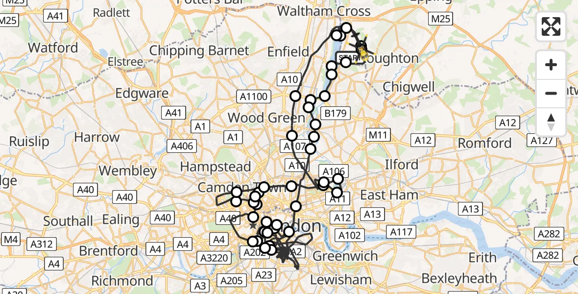 Flight route map: Police Helicopter to Sewardstonebury, Lippitts Hill
