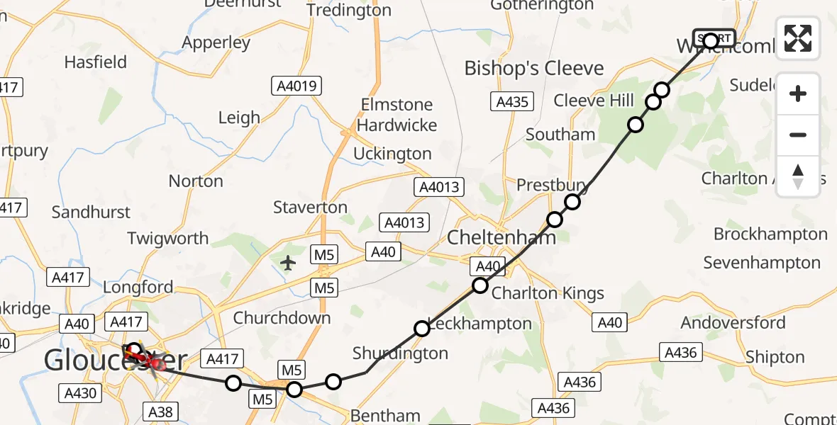 Routekaart van de vlucht: Air Ambulance Helicopter to Gloucester, Worcester Street