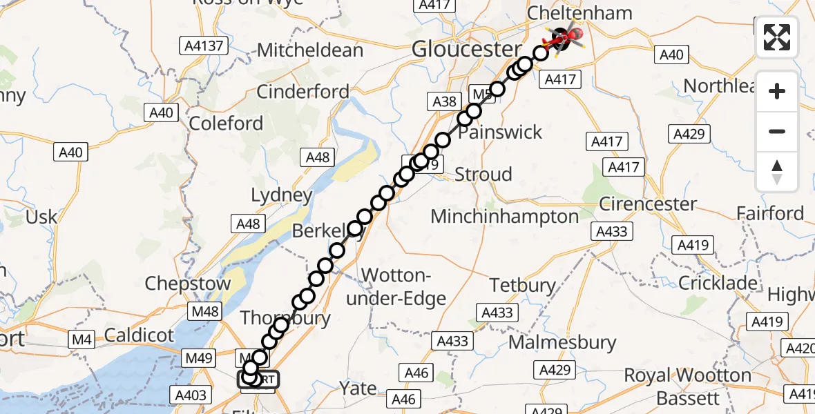 Flight route map: Air Ambulance Helicopter to Shurdington, Foxglove Grove