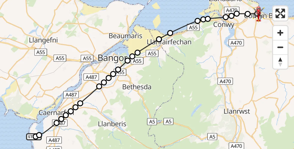 Flight route map: Air Ambulance Helicopter to Colwyn Bay, Lansdowne Road