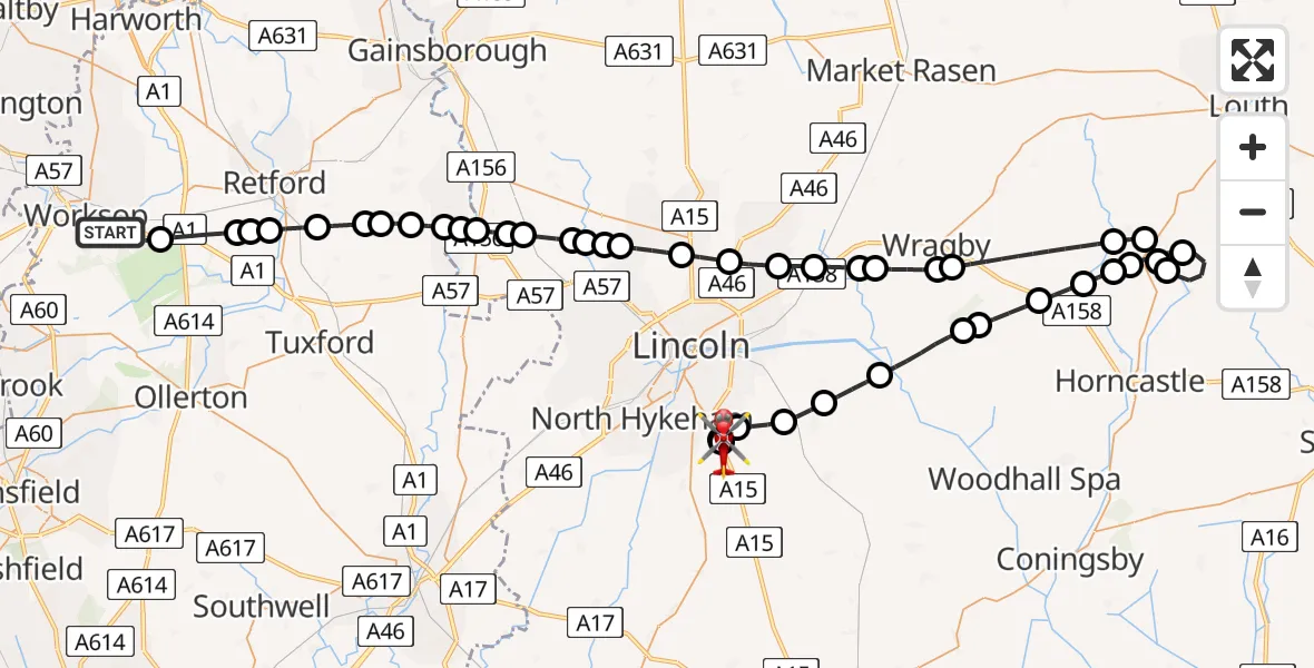 Flight route map: Air Ambulance Helicopter to North Kesteven, Sleaford Road