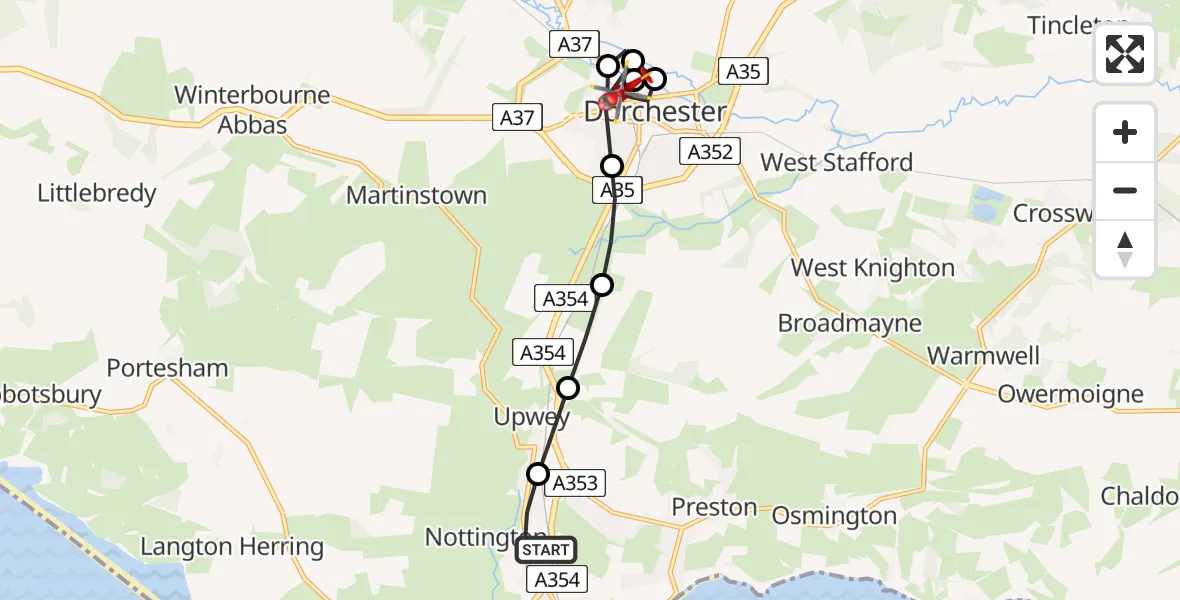 Flight route map: Air Ambulance Helicopter to Dorchester, Poundbury Road