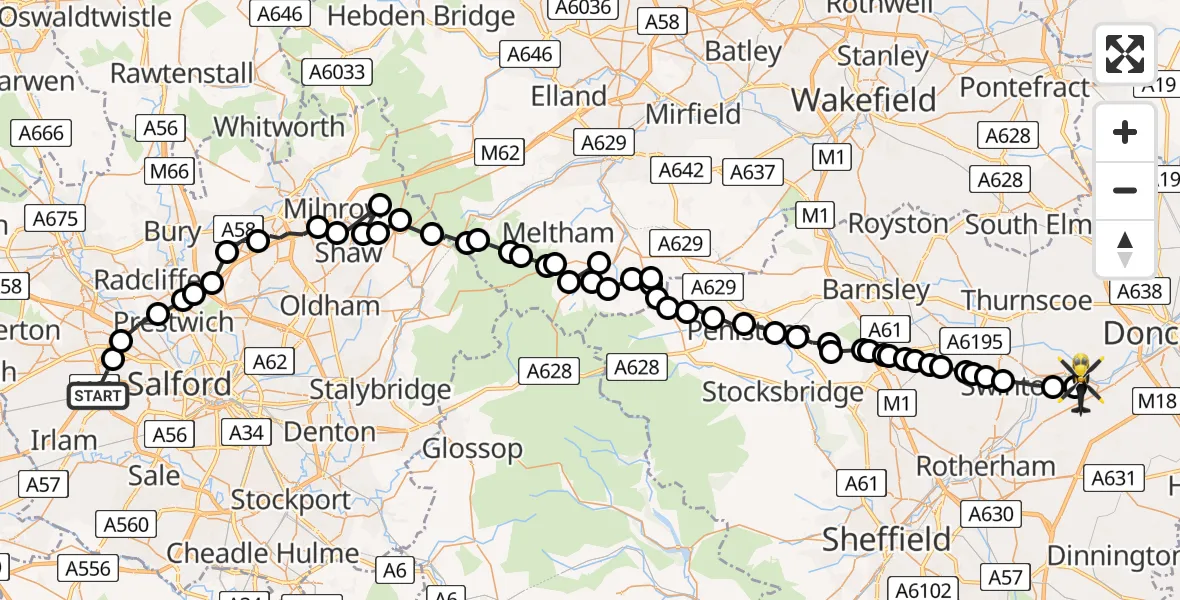 Flight route map: Police Helicopter to Denaby Main, Montague Avenue