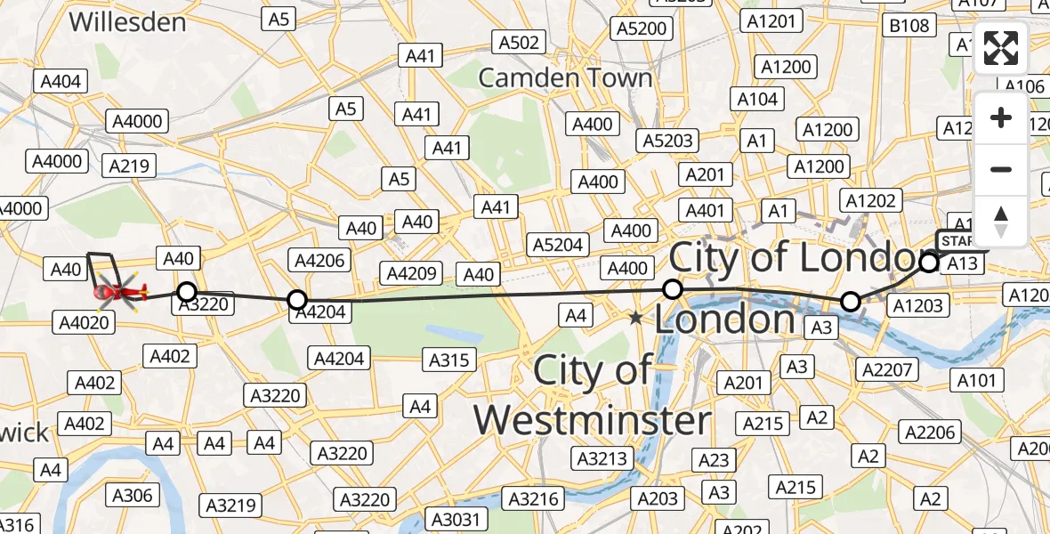 Flight route map: Air Ambulance Helicopter to London Borough of Hammersmith and Fulham, Bryony Road