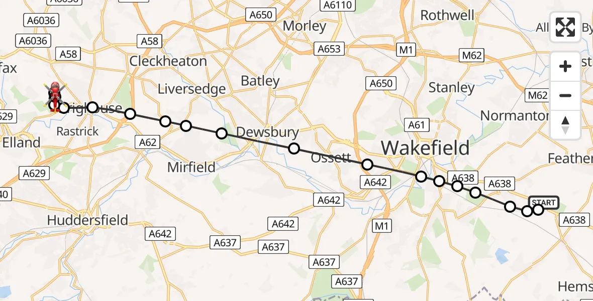 Flight route map: Air Ambulance Helicopter to Southowram, Church Lane