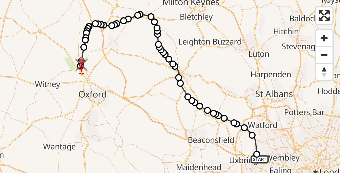 Flight route map: Air Ambulance Helicopter to London Oxford Airport, London Oxford Airport