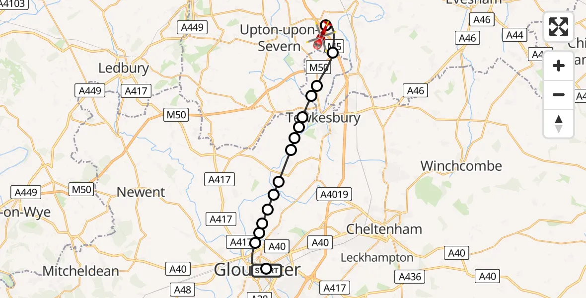 Flight route map: Air Ambulance Helicopter to Hill Croome, Baughton Lane