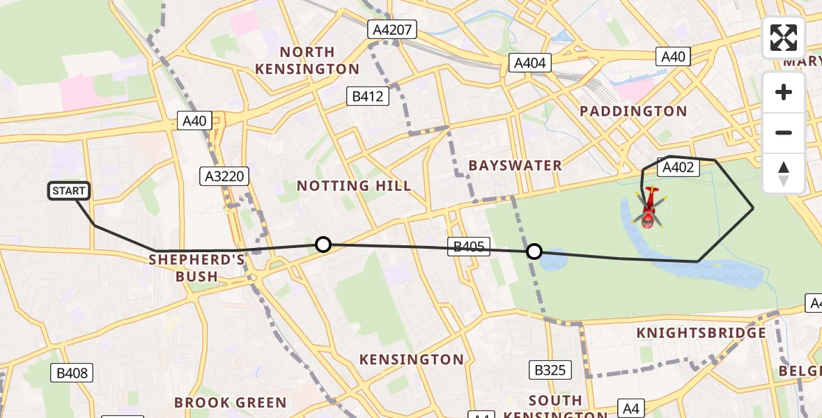 Flight route map: Air Ambulance Helicopter to City of Westminster, West Carriage Drive