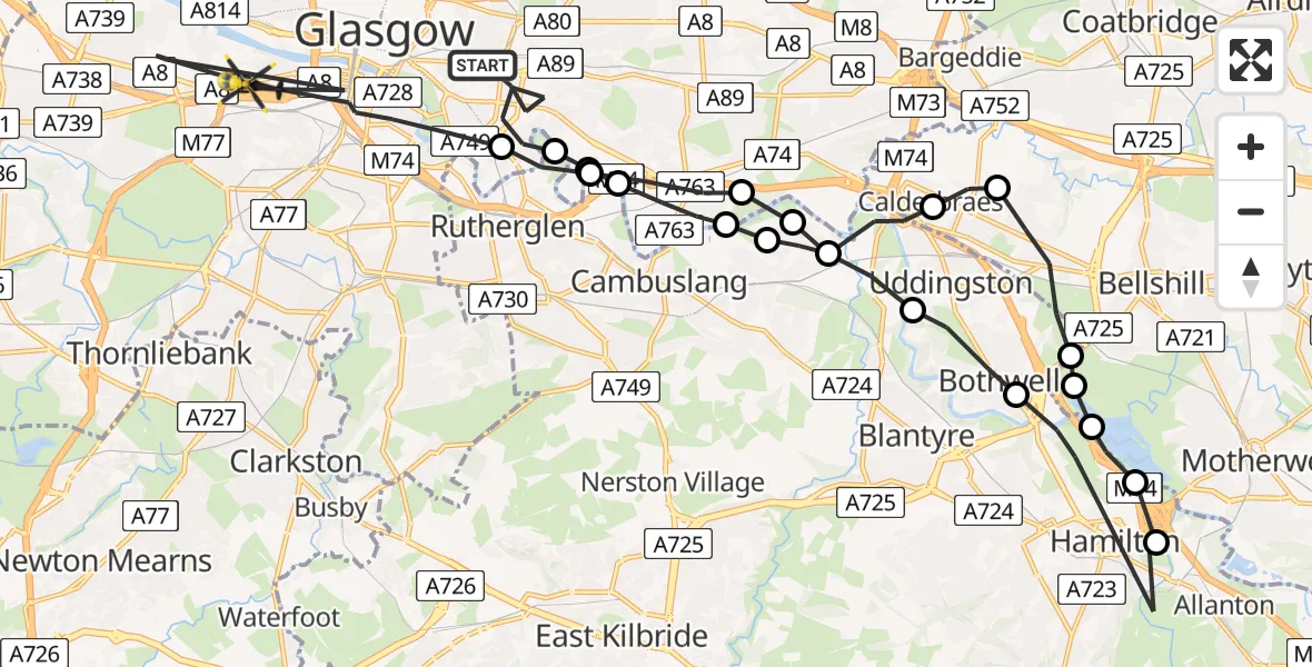 Flight path map showing Police Helicopter route from Glasgow to Glasgow
