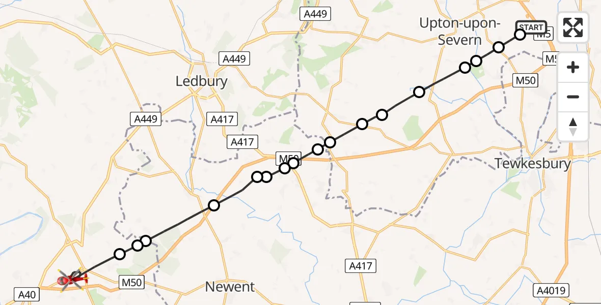 Flight route map: Air Ambulance Helicopter to Crow Hill, B4221