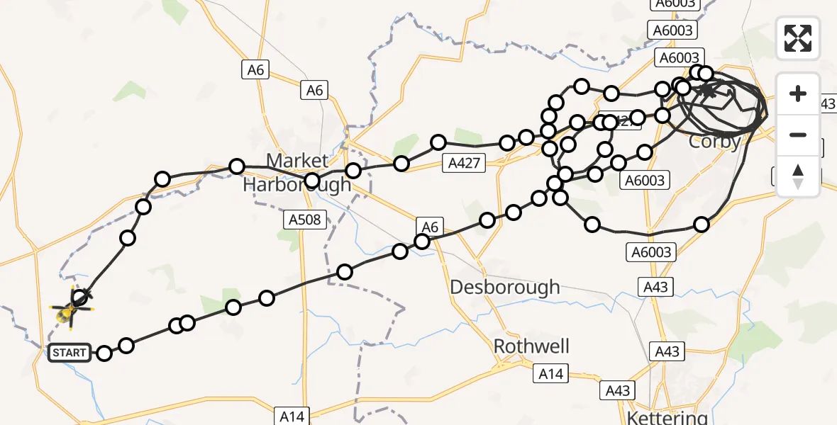 Flight route map: Police Helicopter to Harborough, Sulby Road