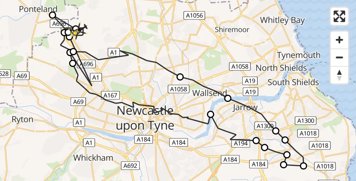 Flight route map: Police Helicopter to Newcastle International Airport, Newcastle International Airport