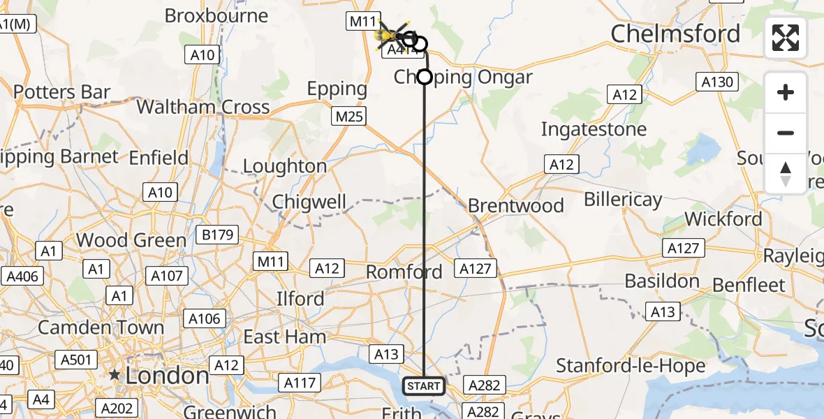 Flight route map: Police Helicopter to North Weald Bassett, Rayley Lane