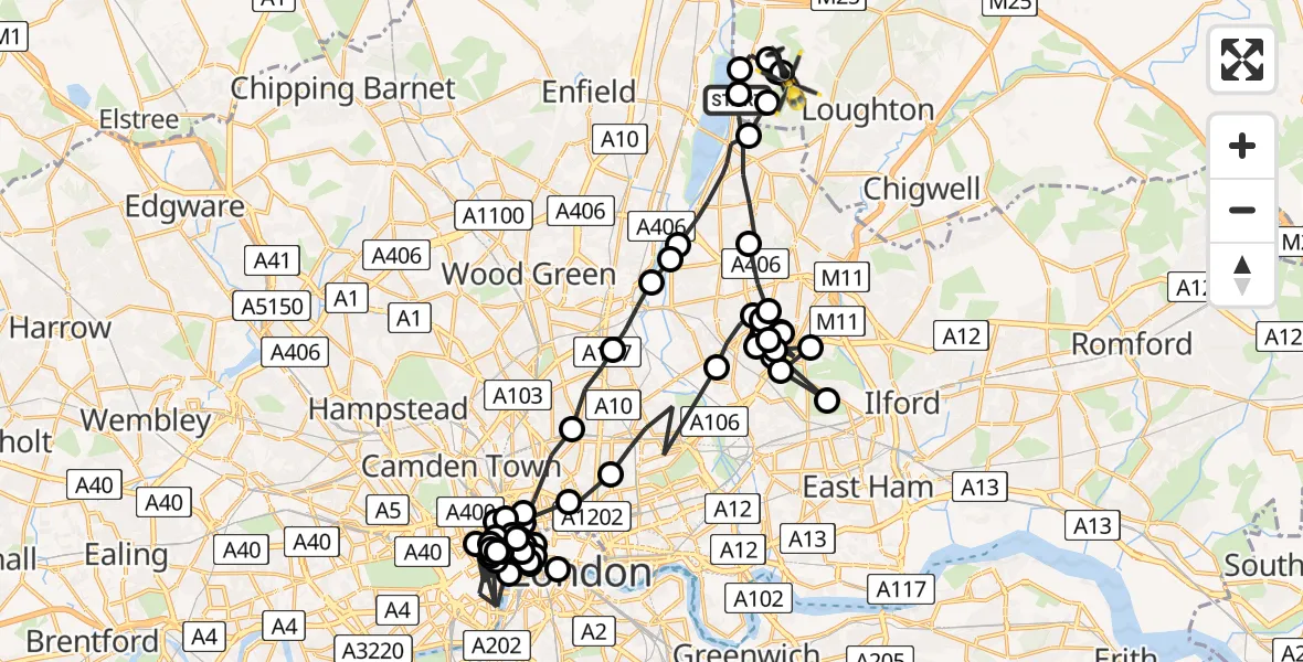 Flight route map: Police Helicopter to Sewardstonebury, Bury Road