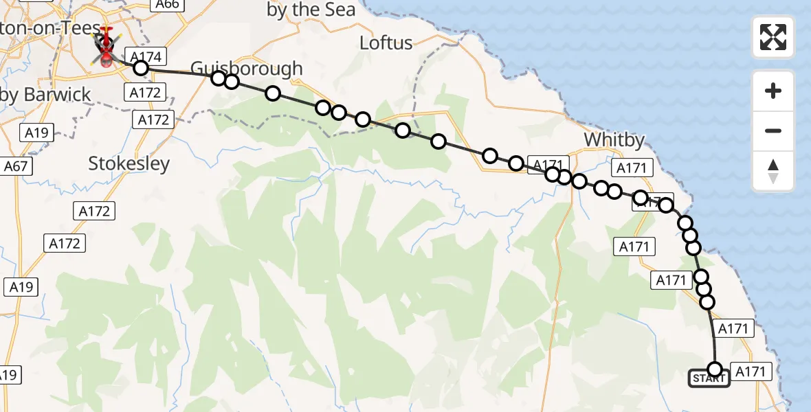 Routekaart van de vlucht: Air Ambulance Helicopter to James Cook University Hospital, James Cook University Hospital