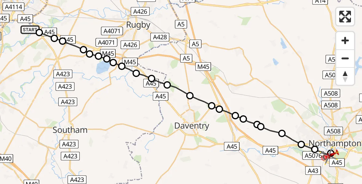 Routekaart van de vlucht: Air Ambulance Helicopter to Far Cotton, Towcester Road