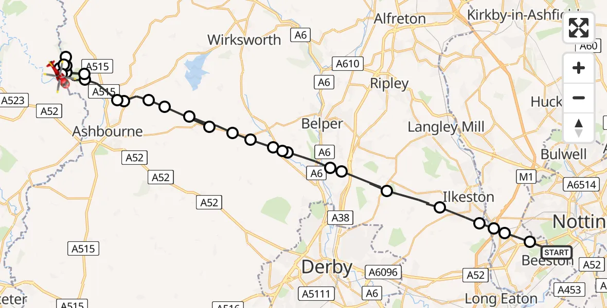 Flight route map: Air Ambulance Helicopter to Ilam, Thorpe Road