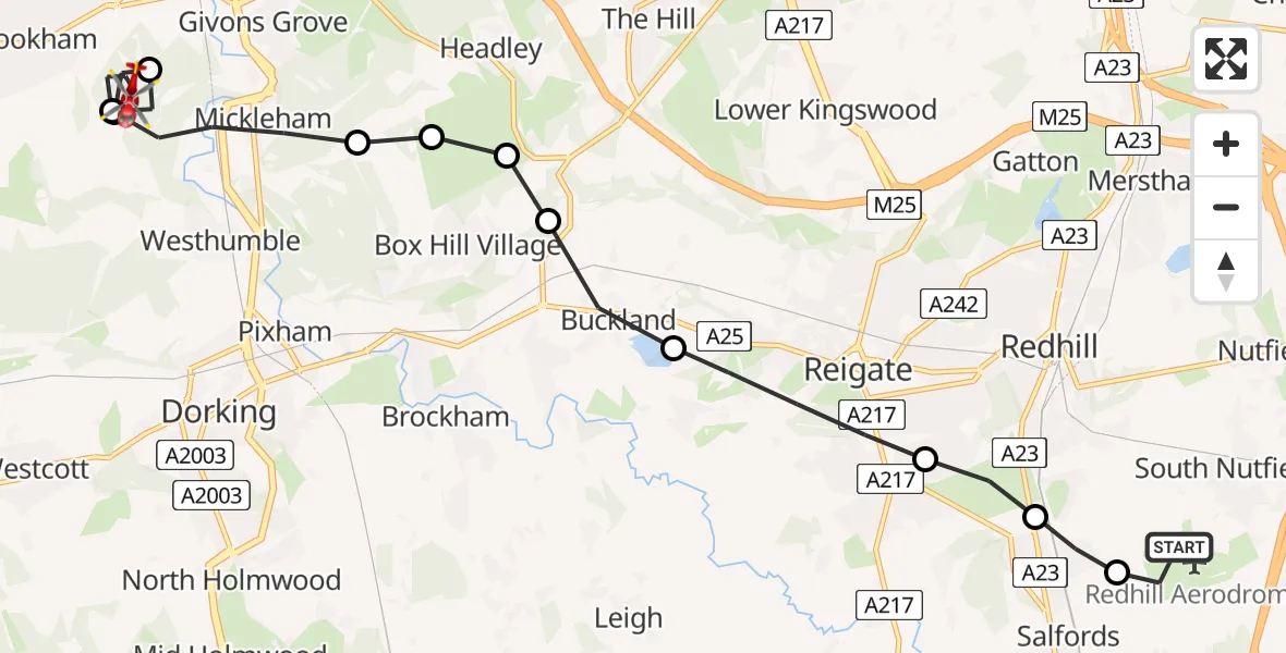 Flight route map: Air Ambulance Helicopter to Hawk's Hill, Bockets Farm to Crabtree Lane (BW 23)