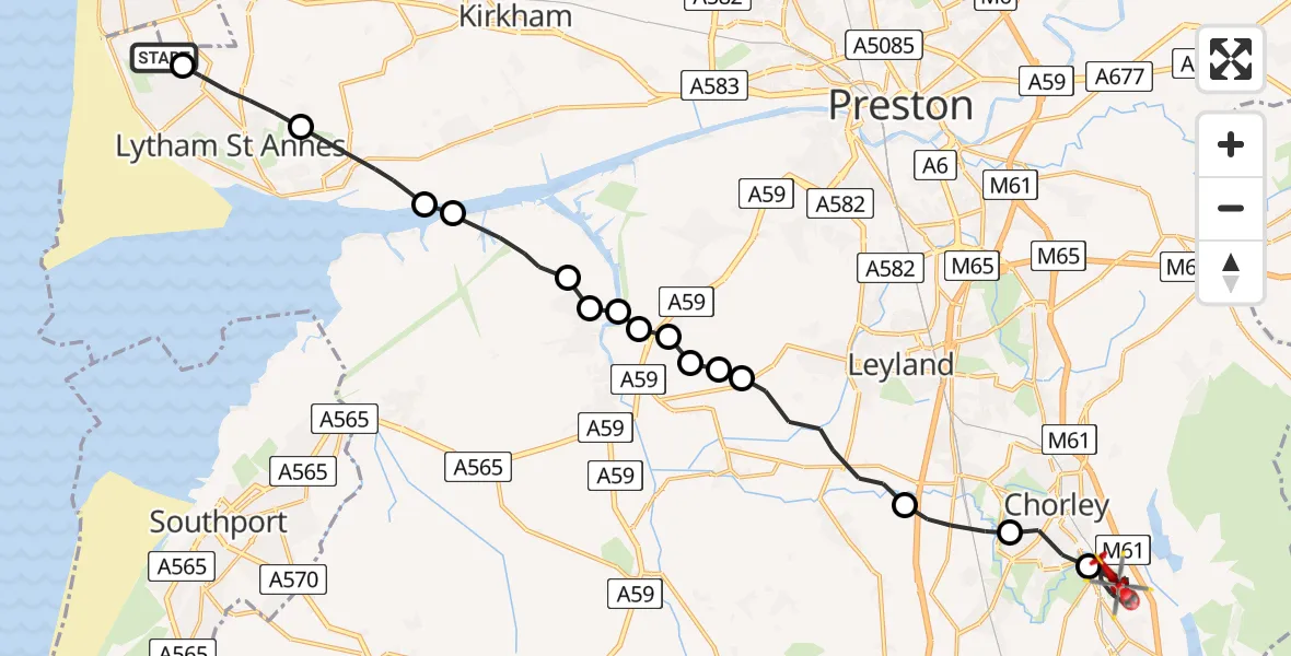Flight route map: Air Ambulance Helicopter to Heath Charnock, The Green