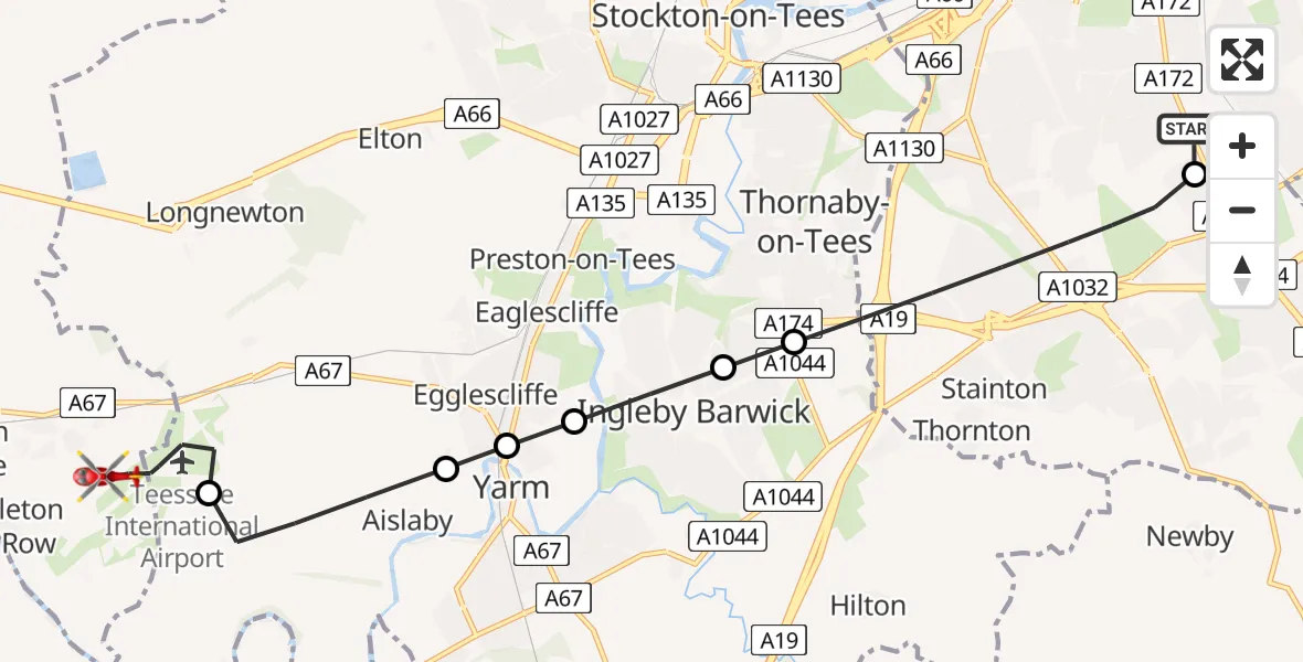 Flight route map: Air Ambulance Helicopter to Teesside International Airport, Teesside International Airport