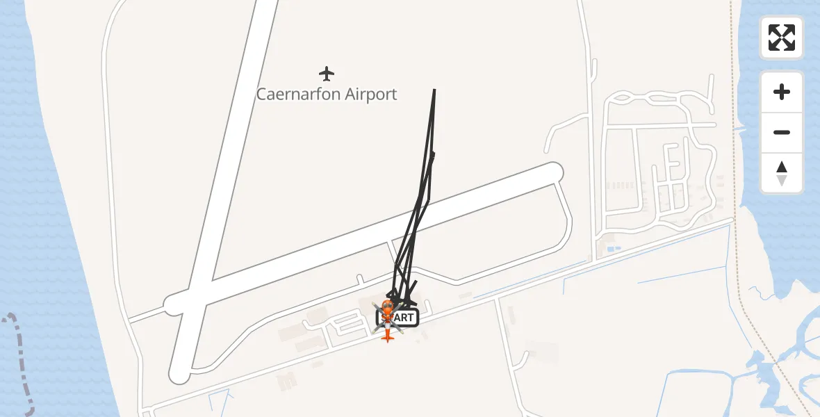 Flight path map showing Coastguard Helicopter route from Caernarfon Airport to Caernarfon Airport