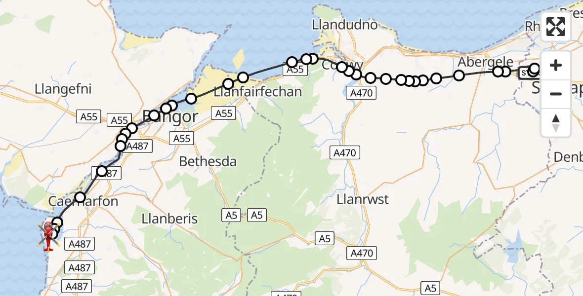 Flight route map: Air Ambulance Helicopter to Caernarfon Airport, Caernarfon Airport
