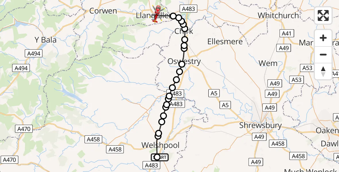 Flight route map: Air Ambulance Helicopter to Llangollen, Mill Street