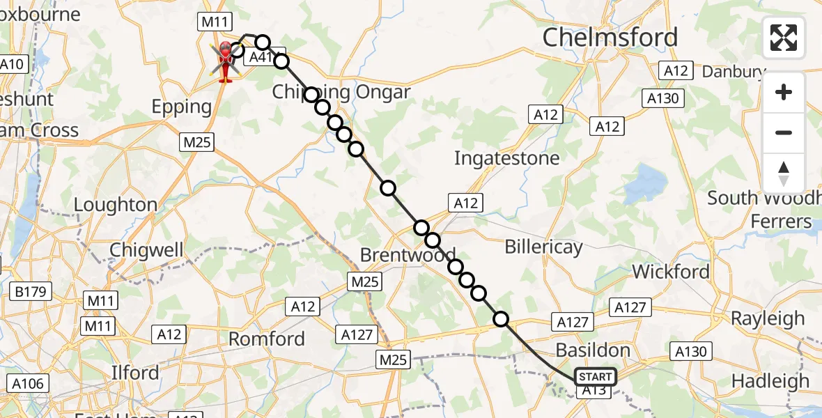 Routekaart van de vlucht: Air Ambulance Helicopter to North Weald Airfield, North Weald Airfield