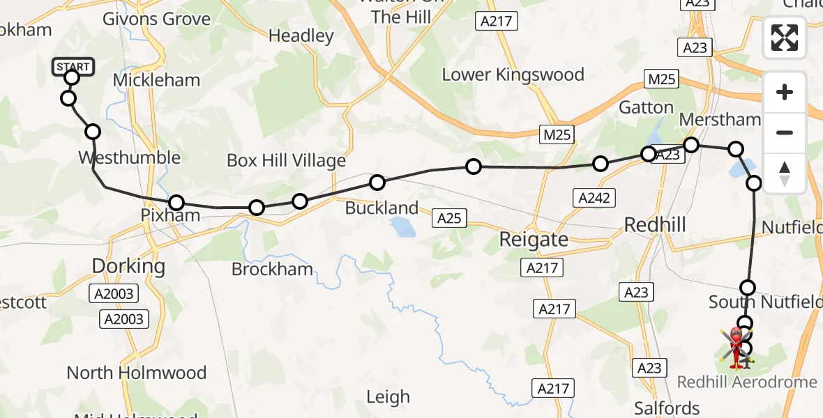 Routekaart van de vlucht: Air Ambulance Helicopter to Redhill Aerodrome, Redhill Aerodrome