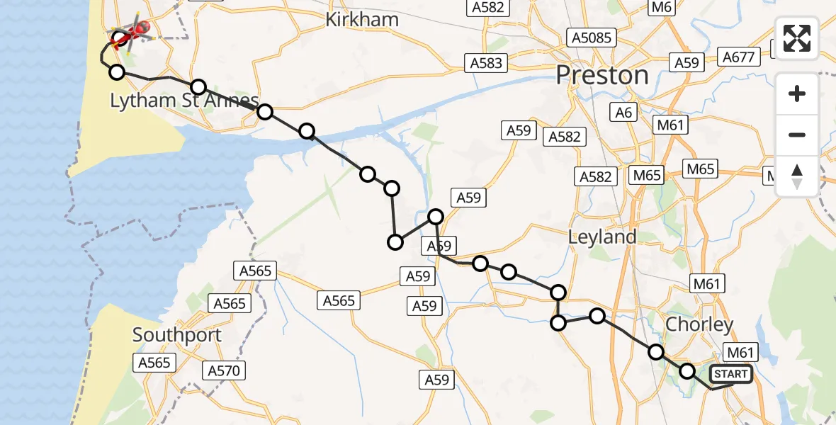 Routekaart van de vlucht: Air Ambulance Helicopter to Blackpool Airport, Blackpool Airport