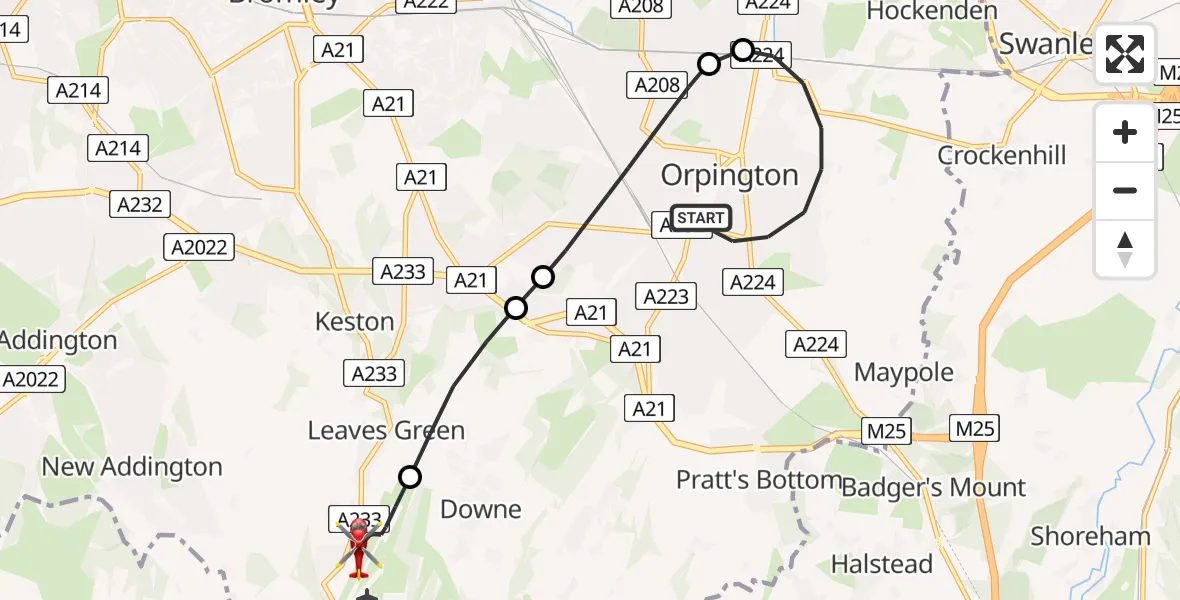 Flight route map: Air Ambulance Helicopter to London Biggin Hill Airport, London Biggin Hill Airport