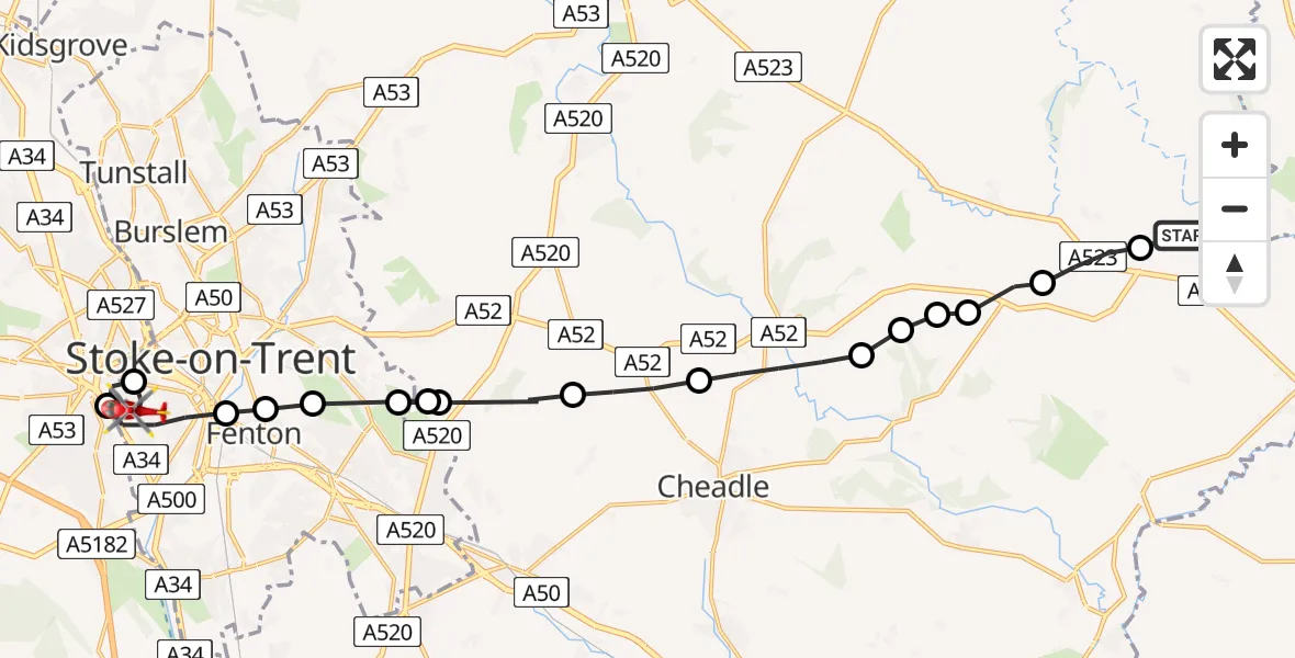 Routekaart van de vlucht: Air Ambulance Helicopter to University Hospital North Staffs, University Hospital North Staffs