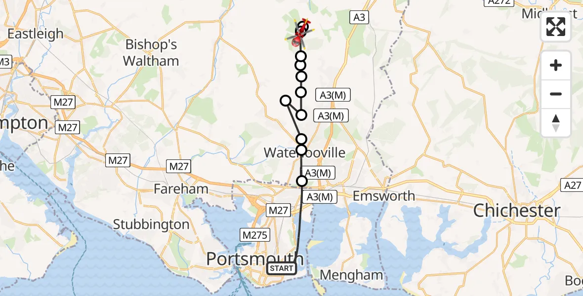 Flight route map: Air Ambulance Helicopter to East Hampshire, East Hampshire