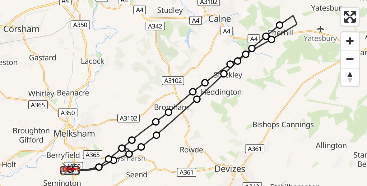 Flight path map showing Air Ambulance Helicopter route from Wiltshire Air Ambulance to Melksham