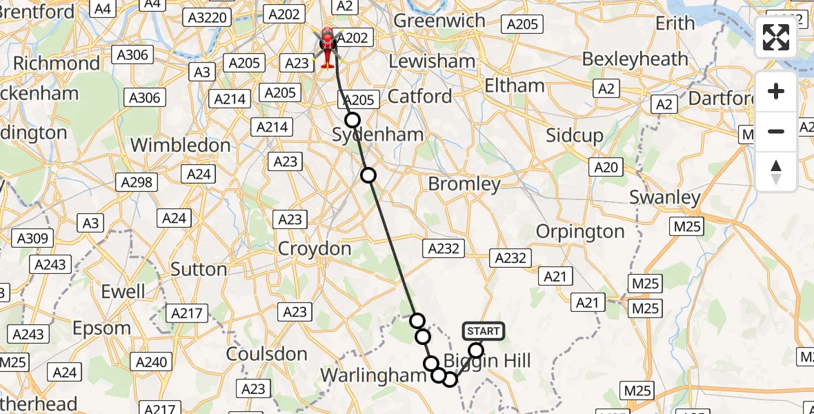 Flight route map: Air Ambulance Helicopter to Kings College London Hospital, Kings College London Hospital