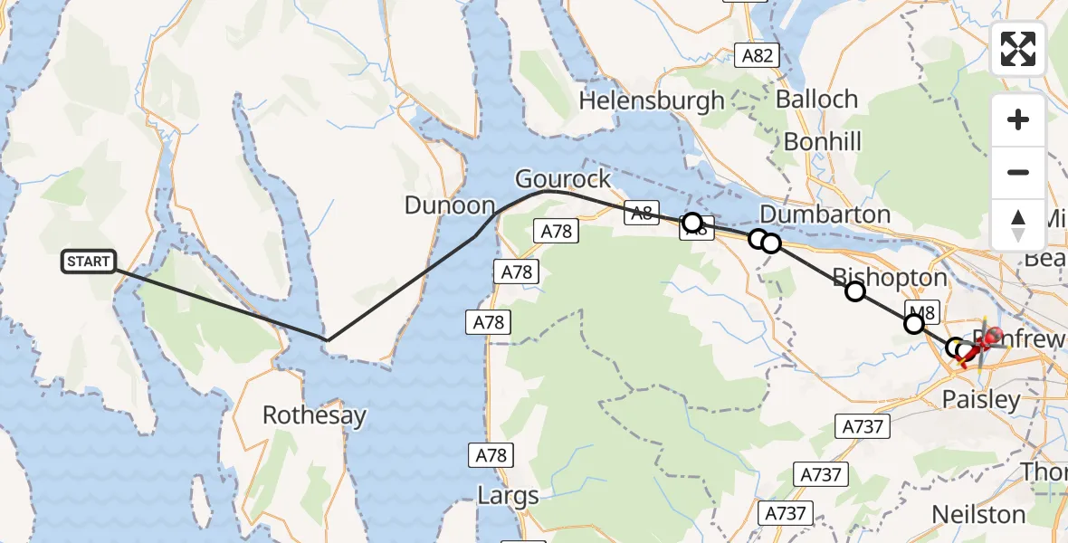 Flight path map showing Air Ambulance Helicopter route from Inner Seas to Glasgow Airport