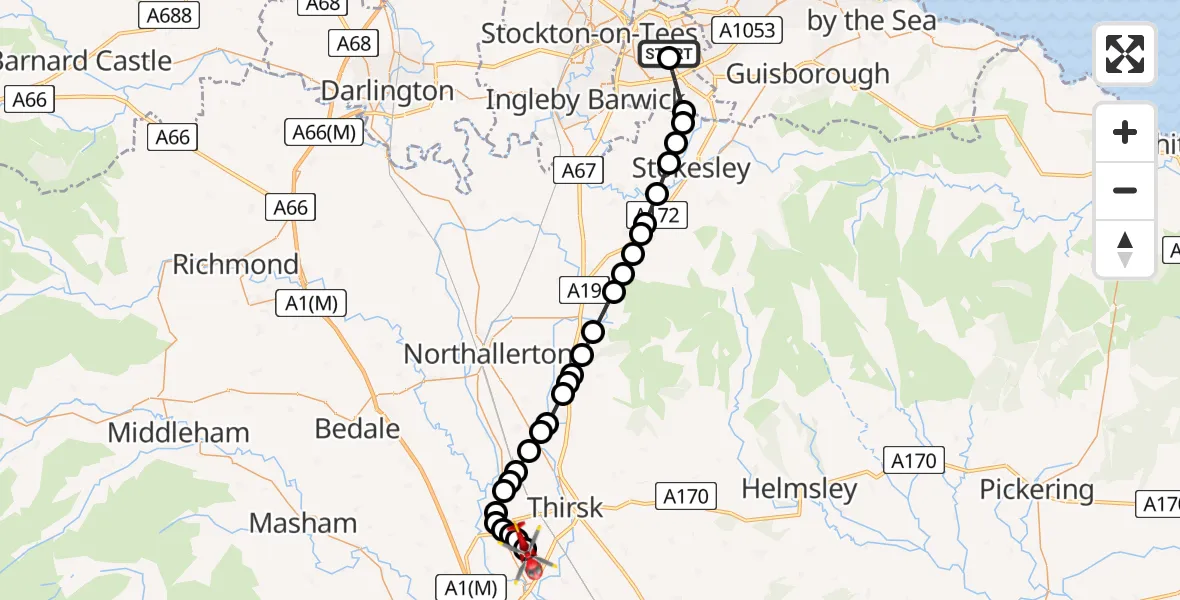 Flight route map: Air Ambulance Helicopter to RAF Topcliffe, RAF Topcliffe