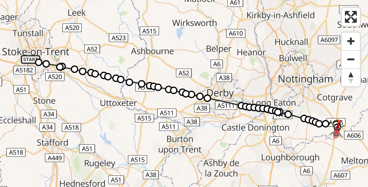 Flight route map: Air Ambulance Helicopter to Nottingham Heliport, Nottingham Heliport