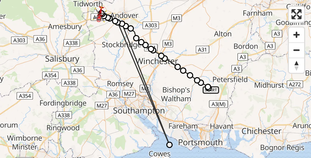 Routekaart van de vlucht: Air Ambulance Helicopter to Thruxton Aerodrome, Thruxton Aerodrome