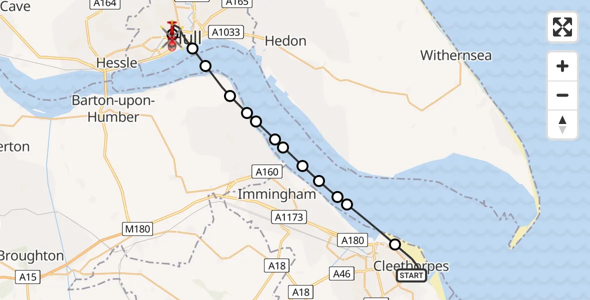 Routekaart van de vlucht: Air Ambulance Helicopter to Hull Royal Infirmary, Hull Royal Infirmary